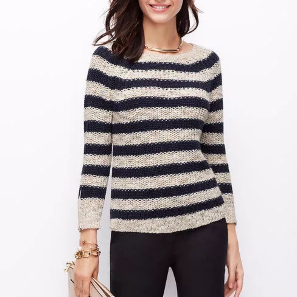 Ann Taylor Navy & Cream Striped Scoopneck Sweater